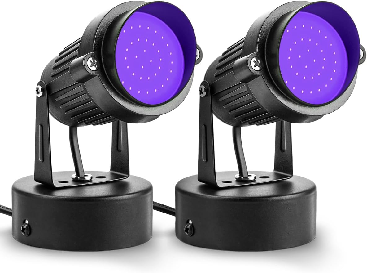 Halloween LED Blacklight Spot Lights Indoor 15W Accent Lighting Up Lights Indoor Spotlight Lamp 120V Uplighting Decor with US Plug FT Cord with Floor Foot Switch (2 Pack with Base &Stake)