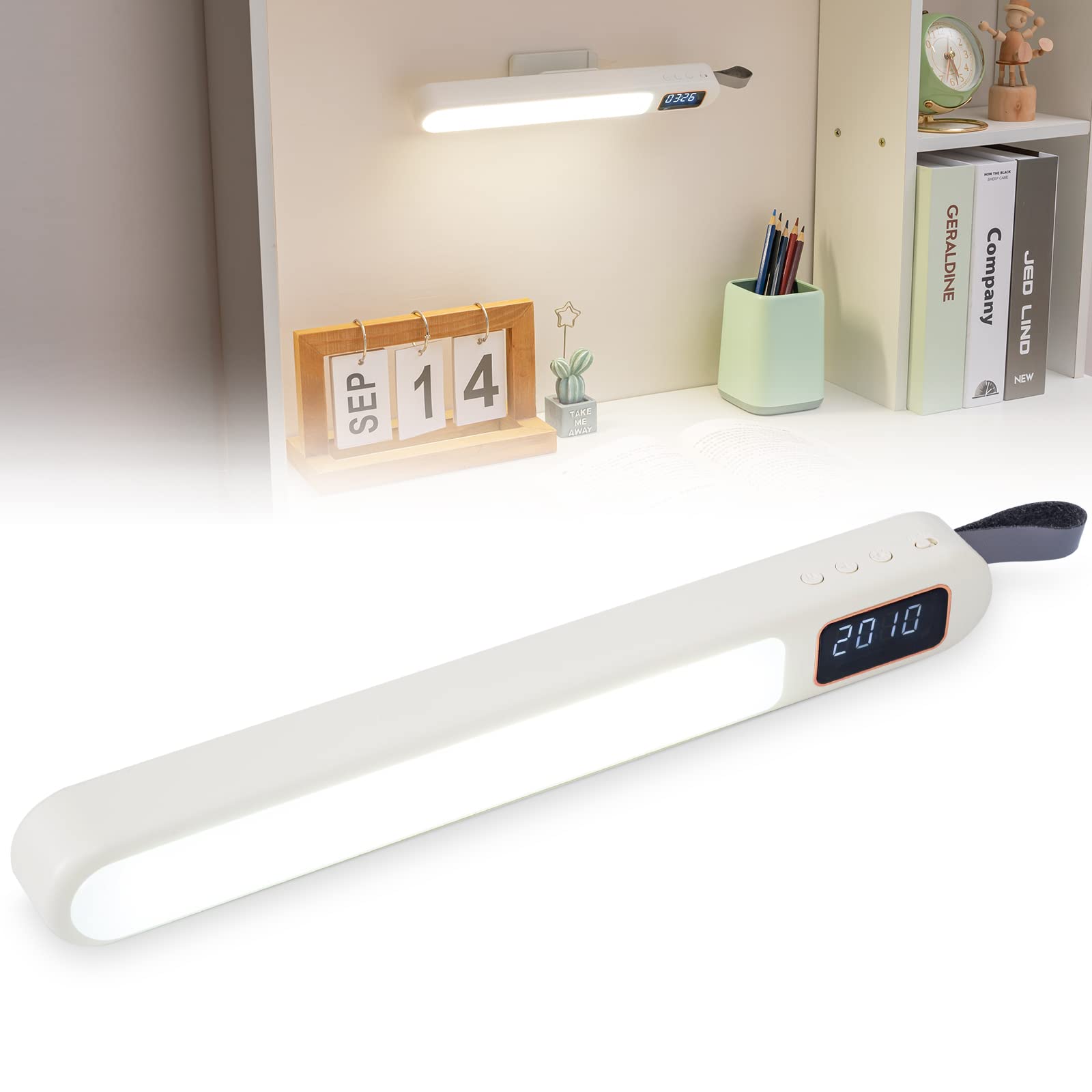 Euproce Wall Reading Light, 3 Colors Rechargeable Dimmable LED Stick on Bunk Bed Lamp with LCD Display Digital Clock, Magnetic Mounted Under Cabinet Lighting with Rotating Stand (Beige)