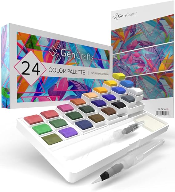 GenCrafts Watercolor Palette with Paper Pad 24 Premium Colors 2 Refilable Water