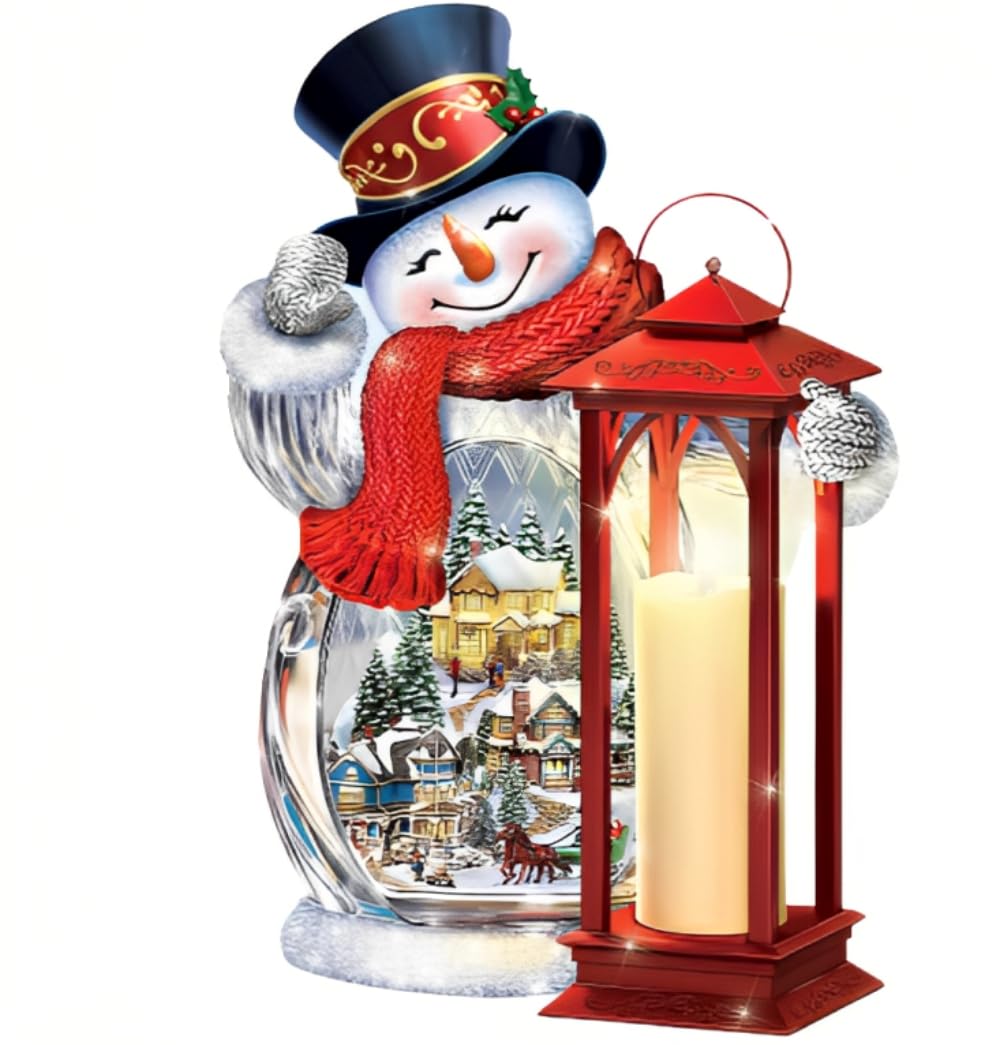 The Bradford ExchangeHoliday Greetings Snowman Crystal Victorian Style Lantern Illuminated Masterpiece with Music and Timeless Elegance Flameless Candle Christmas Decoration by T-Kinkade 8-inches
