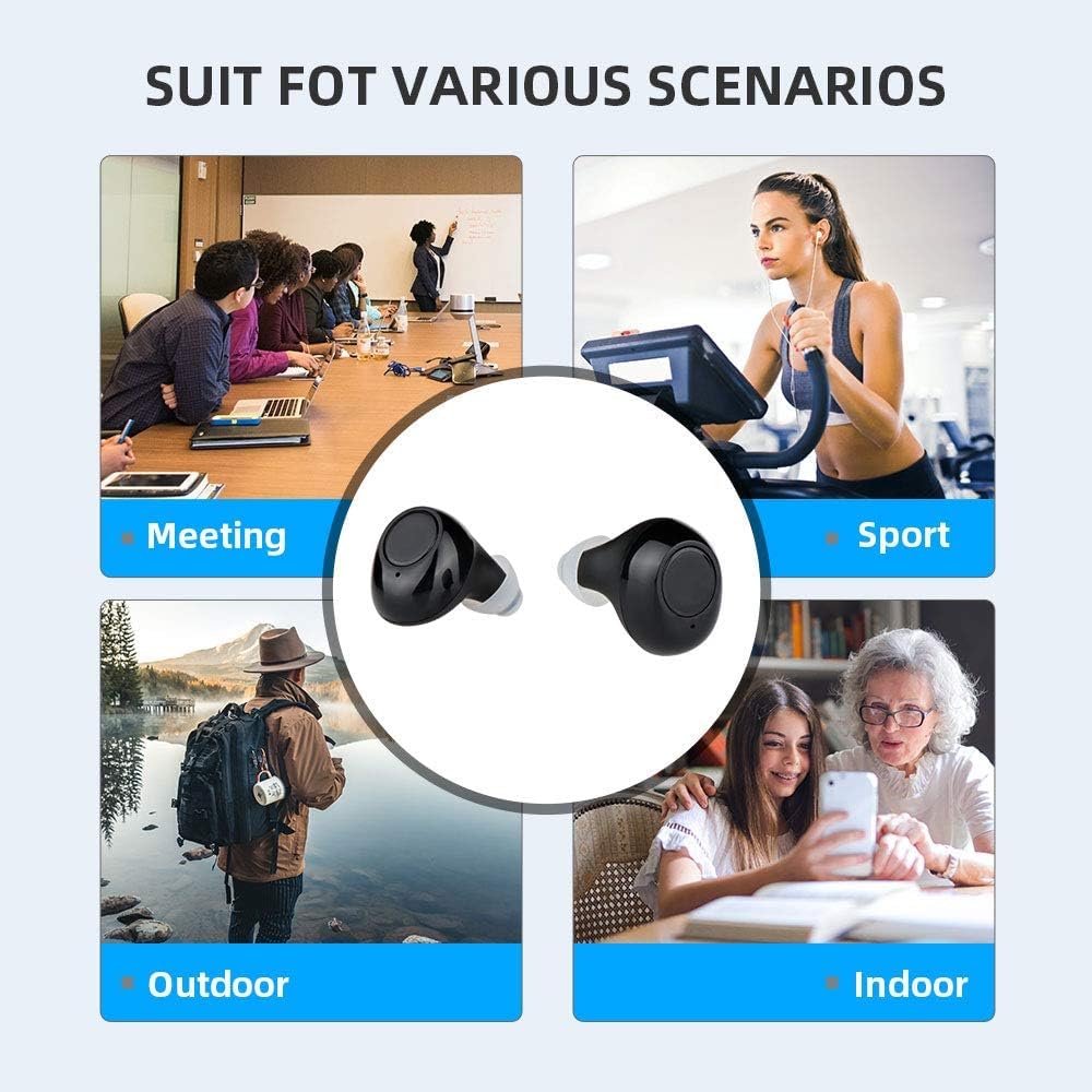 Images showing the JINGHAO JH-A39 Personal Sound Amplifier being suitable for meeting, sport, outdoor, and indoor scenarios.