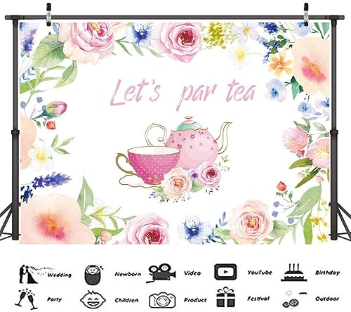 Miniatura 3 de 115 suministros de fiesta de té Let's Par de 5 x 3 pies, fondo de fotografía con globos de té florales, kit de guirnalda de arco para tetera, tazas