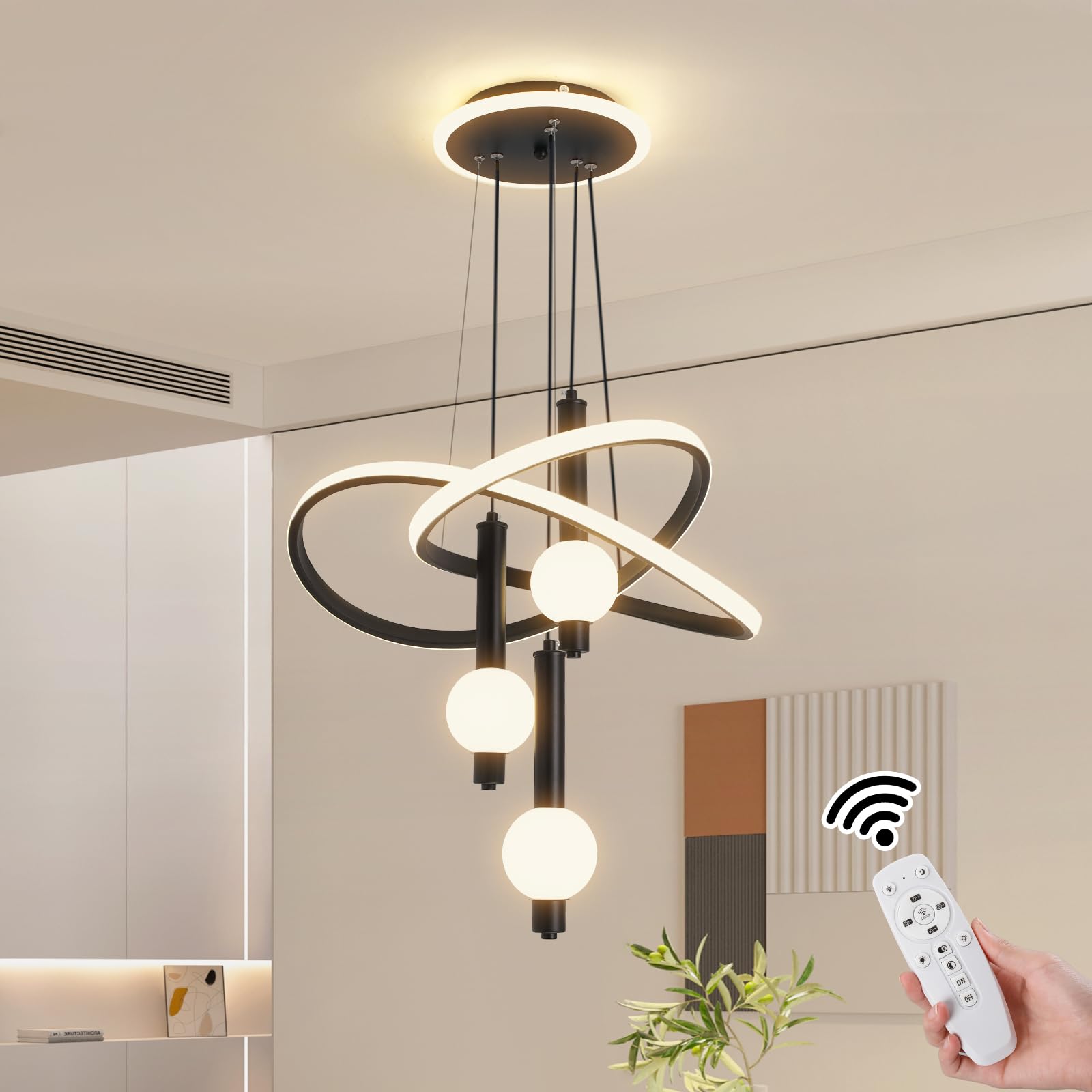 Photo 1 of Becailyer Modern Chandeliers for Dining Room, 19.69in LED Dimmable Kitchen Pendant Lamp, Black Ceiling Pendant Light Fixtures Over Table, Globe Ring Chandeliers for Living Room Bedroom Staircase