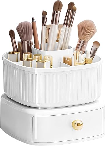 DASITON Organizador de maquillaje apilable, soporte para brochas de maquillaje con bandeja organizadora de maquillaje giratoria de 360, estante para