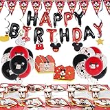✨ 【Suministros para fiestas temáticas de Mickey】 Las decoraciones de cumpleaños de la niña incluyen 15 * Mickey Print Globo, 1 * Mickey Mantel, 10 * Mickey Bandeja de 7 pulgadas, 10 * Taza de papel de Mickey, 20 * Toalla de papel de mickey, 10 * Banner de triángulo Mickey, 1 * Tarjeta de invitación de Mickey, 1 * Mickey Spiral Colgando Residual, 1 * Globo de feliz cumpleaños rojo negro.