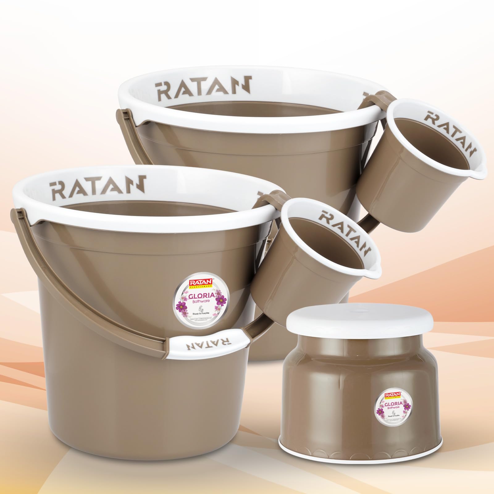 RATAN PLASTICWARE Plastic Bathroom Set of 5 Pieces Combo Pack Gloria Plain 18 Liters 2 Pieces Bucket + Nova Stool Patla 107 + Two Gloria Plain Bath Mug 1 Liter Color Light Brown-image-31