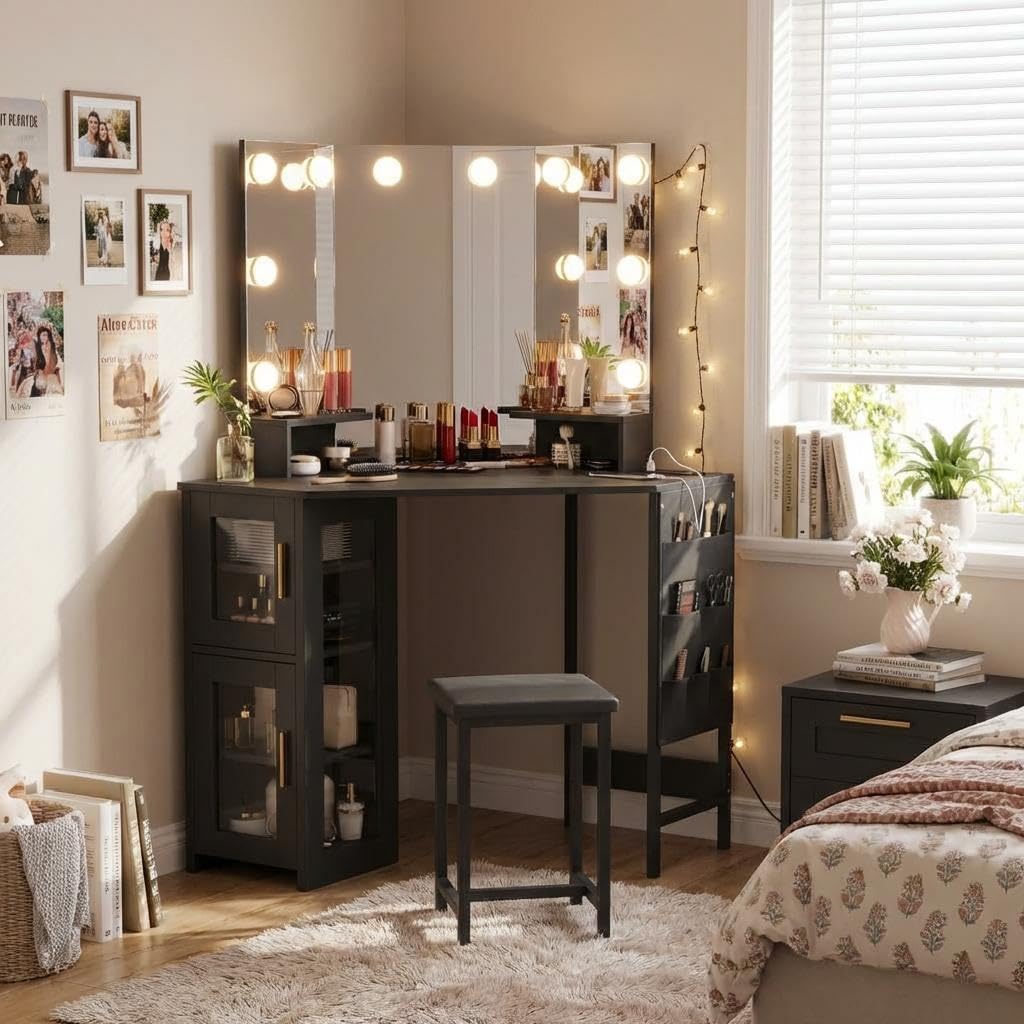 IDEALHOUSE Corner Vanity Desk with 3-Fold Mirror & Dimmable LED Lights, Charging Station, Acrylic Door Cabinet, Hanging Organizer, Adjustable Shelf, Stool – Modern Bedroom Makeup Table, Black, Bulb