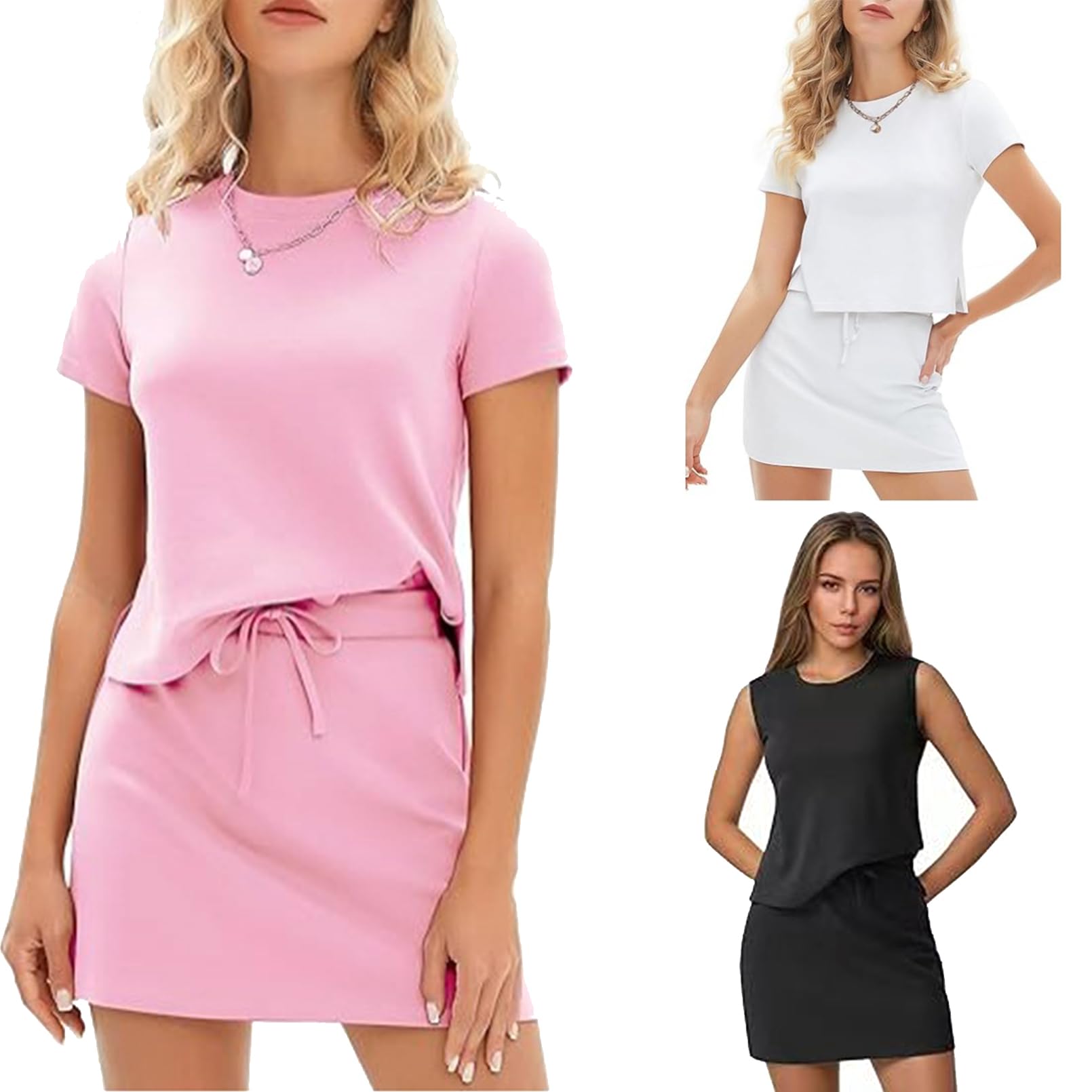 Skort Sets Women 2 Piece Outfits, Tennis Skirt Sets Women 2 Piece Outfits, Beach Vacation Clothes for Womens (Sleeves/No Sleeves)