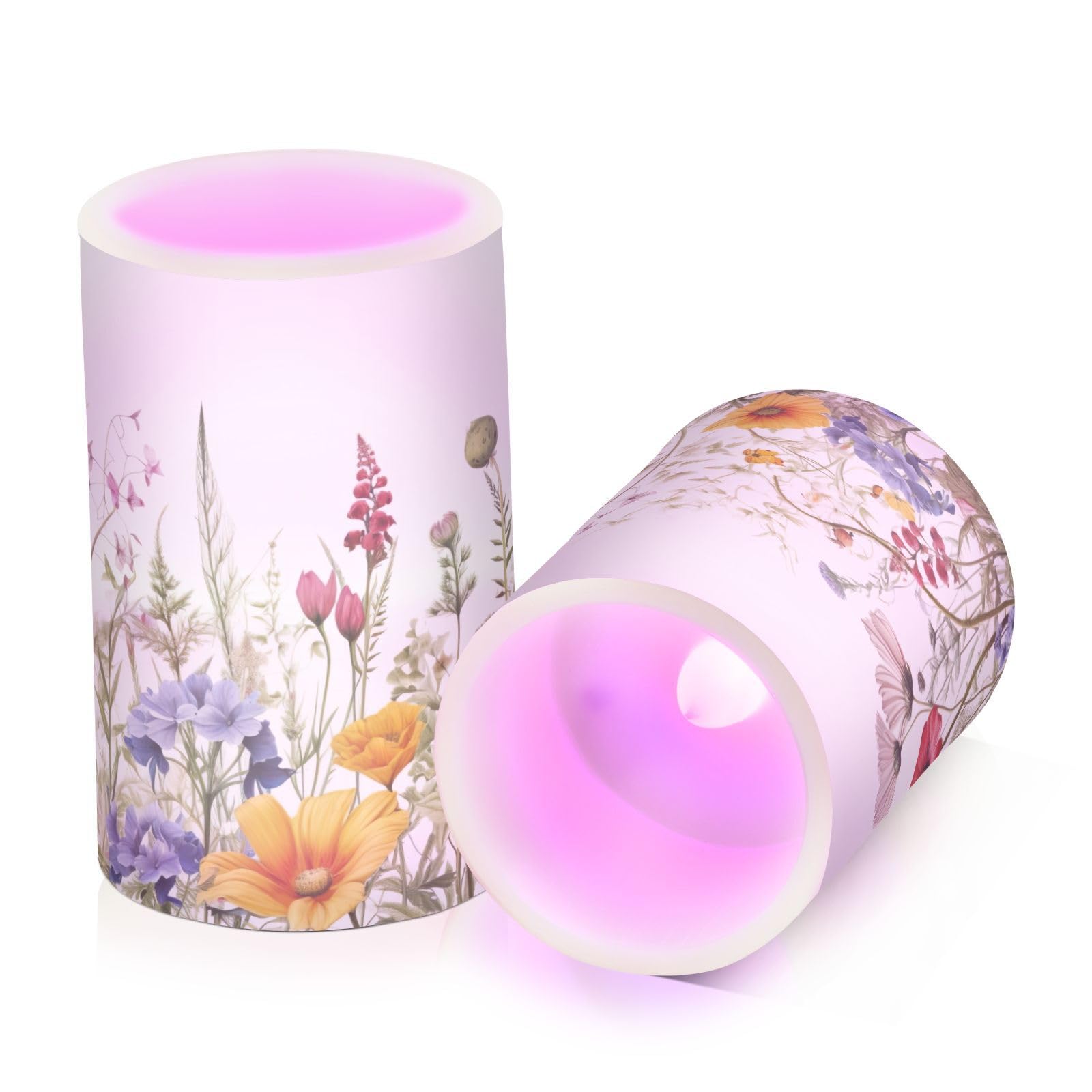 Kigai Colorful Flowers Flameless Candles with Remote Control and Timer,Battery Operated LED Pillar Candles Adjustable Brightness for Ourdoor Indoor Use,Home Decor,2 Pack