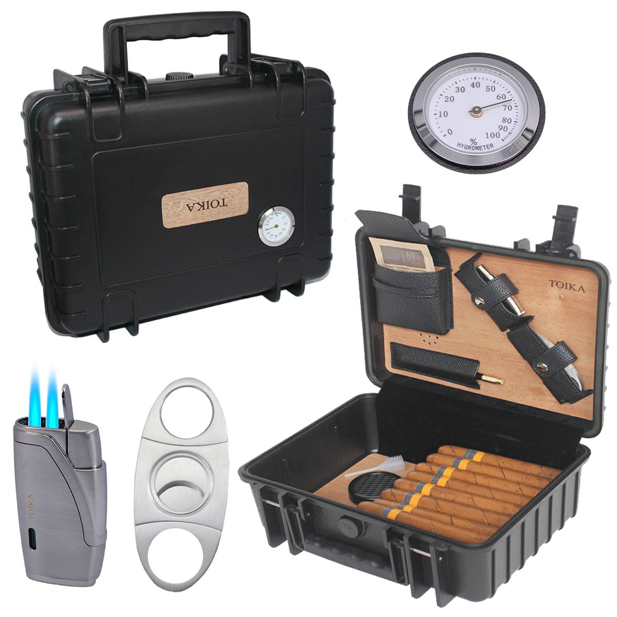 Black Top Hygrometer 30 Cigar Humidor, Travel Cigar Carrying Case with Cutter and Torch Lighter Gift Set - Waterproof,Crushproof -Holds up to 30 Cigars