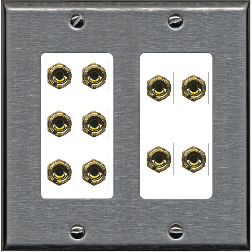 RiteAV 5.0 Surround Sound 5 Speaker 10 Banana Plug Jack Wall Plate Female Connectors - 2 Gang [Gray/Gray]