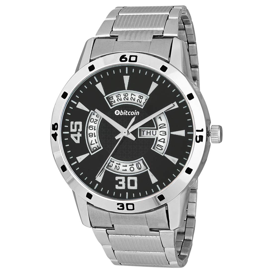 BITCOIN Classic Black Round Dial Strap Stainless Steel Wrist Watches for Men with Day & Date Indicator (B092J4VPT1) Amazon Price History, Amazon Price Tracker