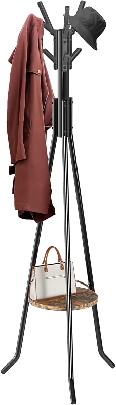 Freestanding Coat Rack with Shelf, 9 hooks, Black