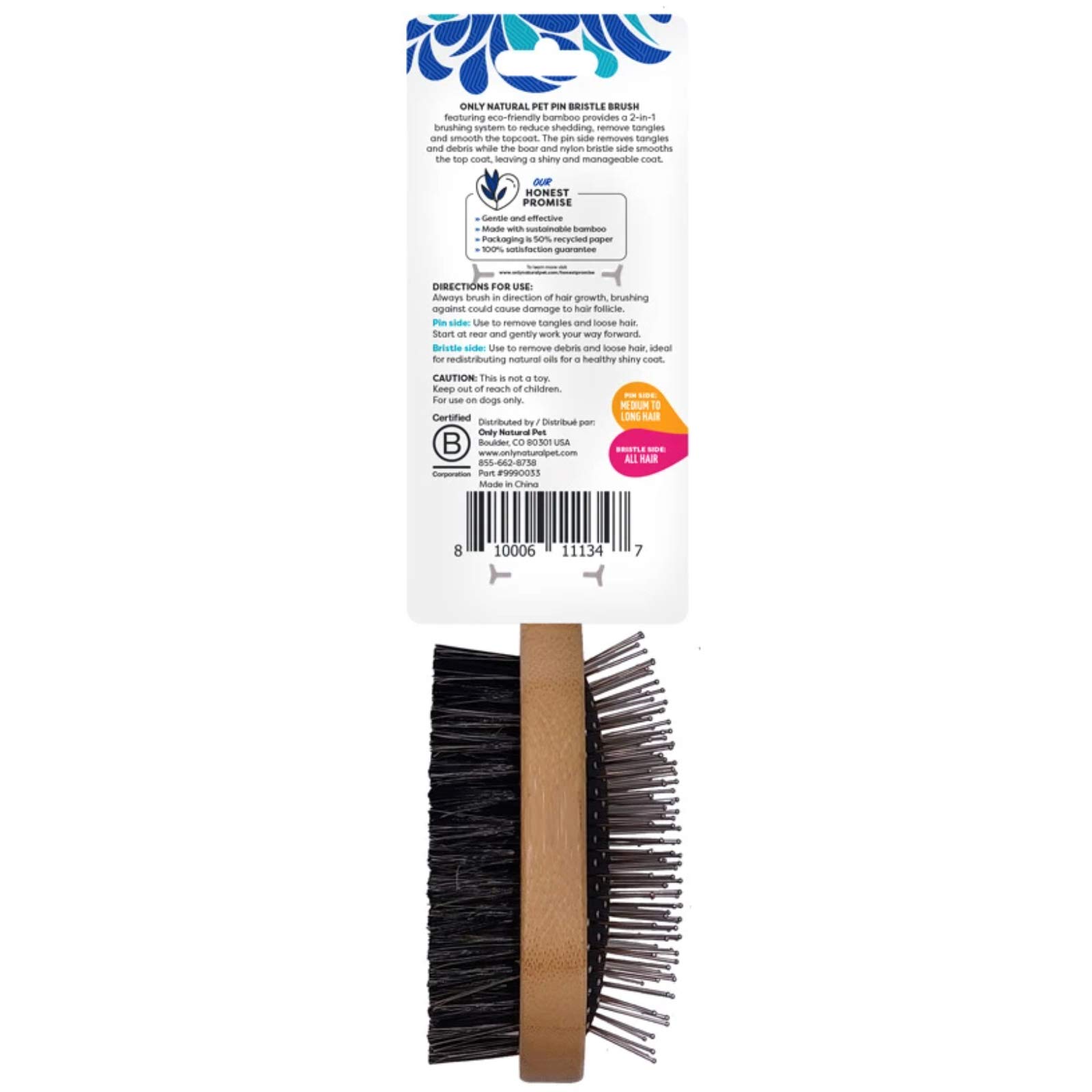 Only Natural Pet Pin & Bristle Brush with Bamboo Handle for Dogs - Double Sided Boar Hair and Nylon Bristles for Grooming, Detangling, and Shedding - Short, Medium or Long Hair