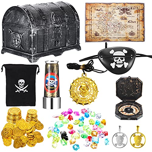 73 Pieces Pirate Treasure Chest Toy Set Vintage Pirate Pretend Toys Include Treasure Chest Pirate Eye Patch Gold Earring Gold Coin Gems Plastic Toy Compass Pirate Map for Halloween Cosplay Party