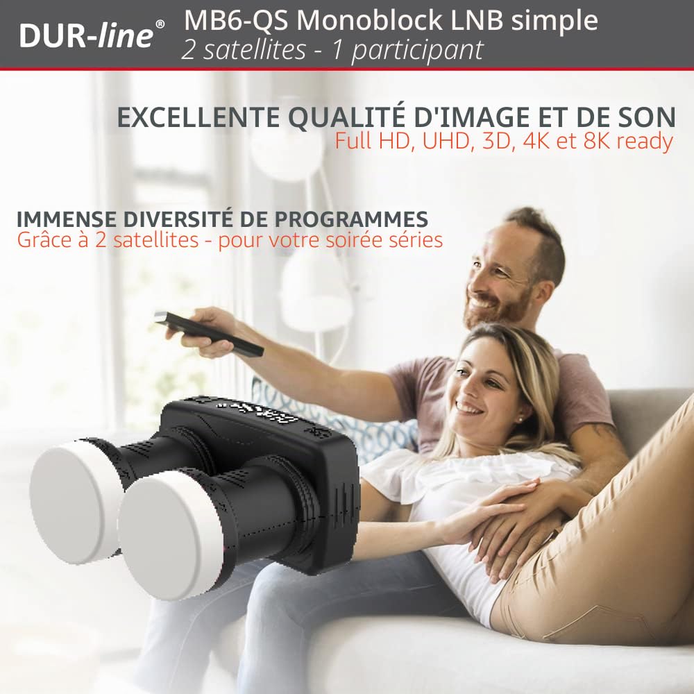 DUR-line LNB monobloc 6° - Astra 19,2° E + Hotbird 13° 1 participant & 2 satellites (MB6-QS) Double LNC avec DiSEqC intégré Full HD, 4K, 8K, 3D Résistant aux intempéries blindage mobile, (MB6-US)
