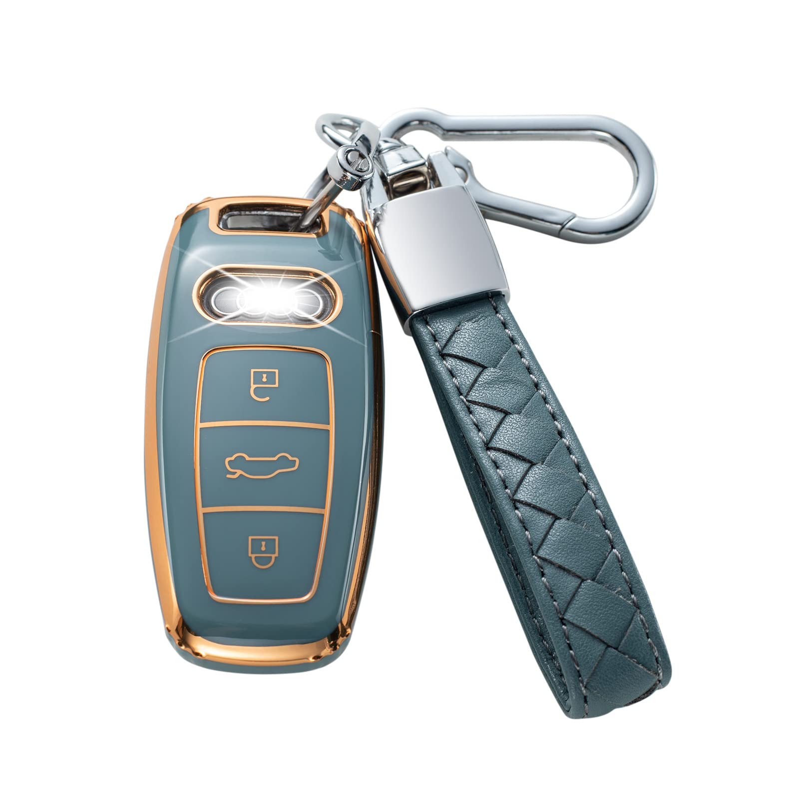 for Audi Key Fob Cover with Leather Lanyard, Car Key Case Shell Protection for Audi A6L A6 A7 A8 Q7 Q8 E-Tron 2018-2022 A3 S3 S6 SQ7 RS6 S7 RS7 Smart Remote Control Protector,Blue