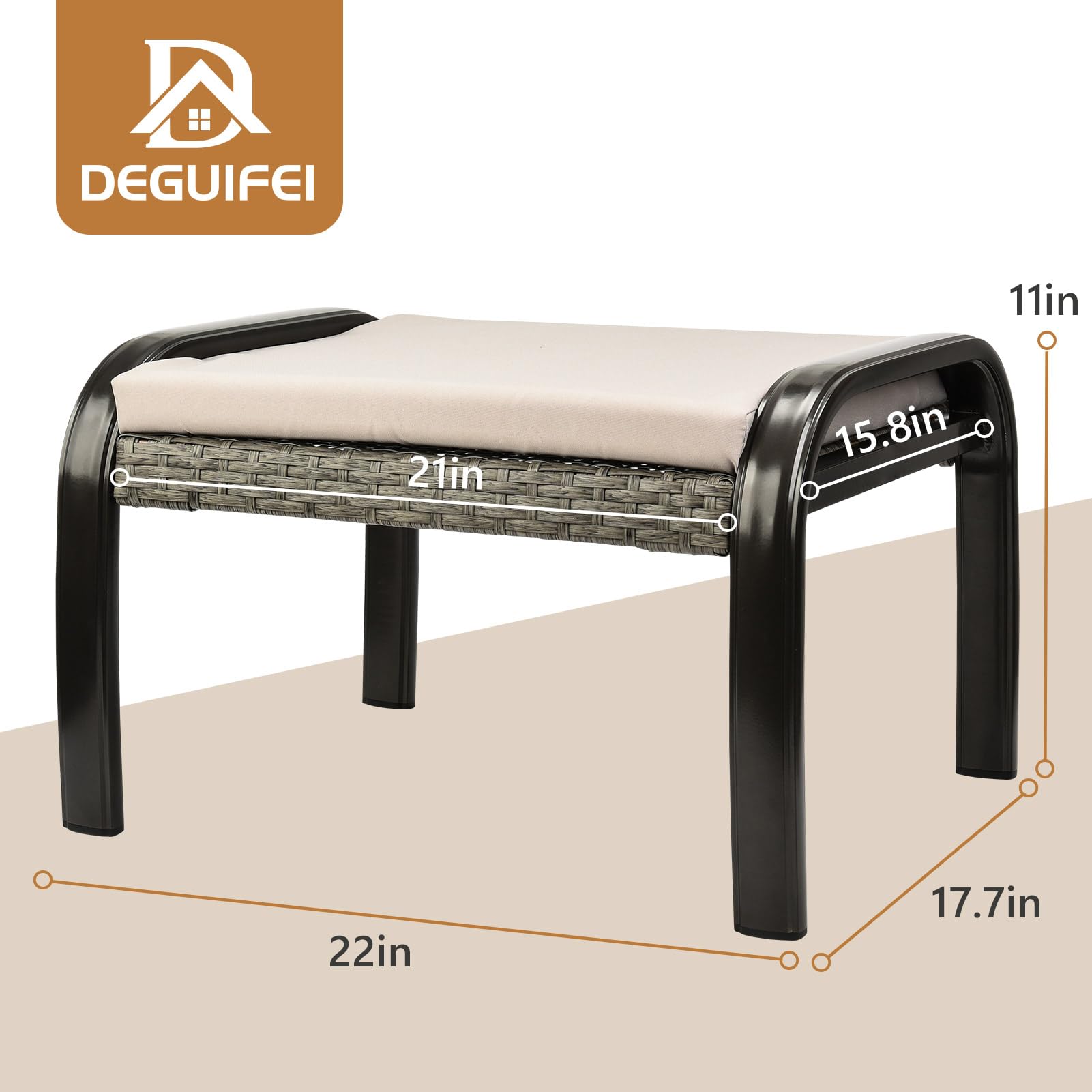 Deguifei Outdoor Ottoman Patio Footstools PE Rattan Aluminum Footrest Indoor Outdoor All Weather Small Chair Seating with Removable Cushion 1 Set Grey