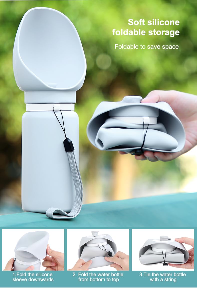 Portable Dog Water Bottle, 19 oz Capacity, Foldable Silicone Design, Leak-Proof Travel Bottle with Drinking Trough