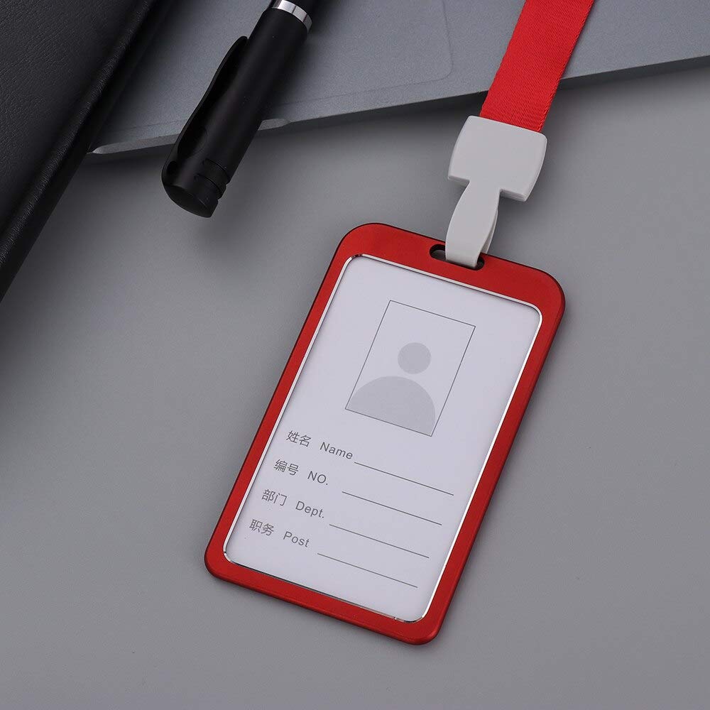 WeKonnect; Natural Hard Metal (Aluminum Alloy) PVC ID Card Holder/Badge (Refer Image) with Scratch Guard and Neck Lanyard/Strap for Office ID Cards Only (Red Vertical Holder with Lanyard - 30) 1