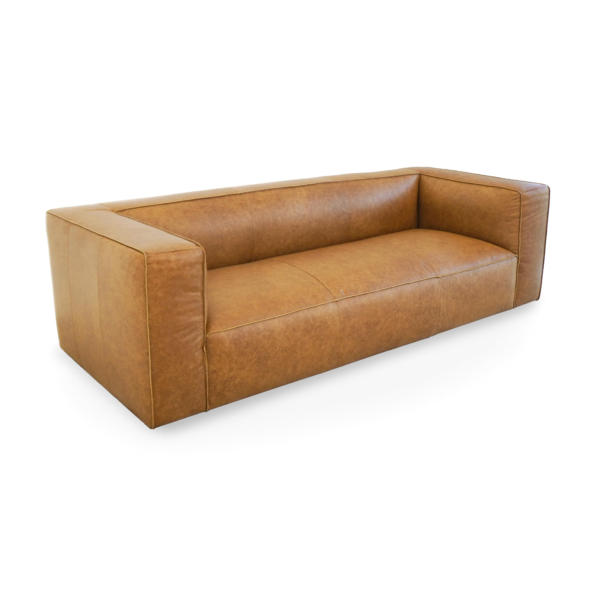 Brown Leather Floor Couch Sofa - Mid Century Modern Tight Back Couches for Living Room, Apartment, Loft, and Office, Genuine Leather, Cognac Tan, Pattison
