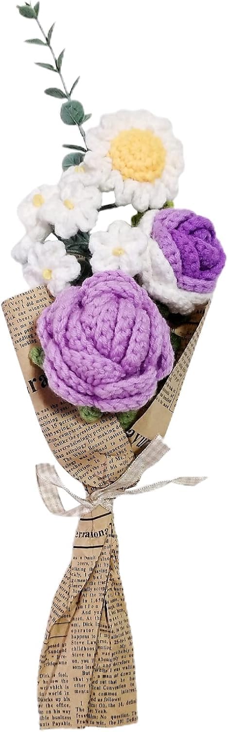 Dryfal Women's Purple Finished Knitting Crochet Flower Bouquet Hand Crochet Bouquet Mixed Handmade Diy Knitted Flower Rose Sunflower Daisy Artificial Flower For Vase Home Decoration Gift