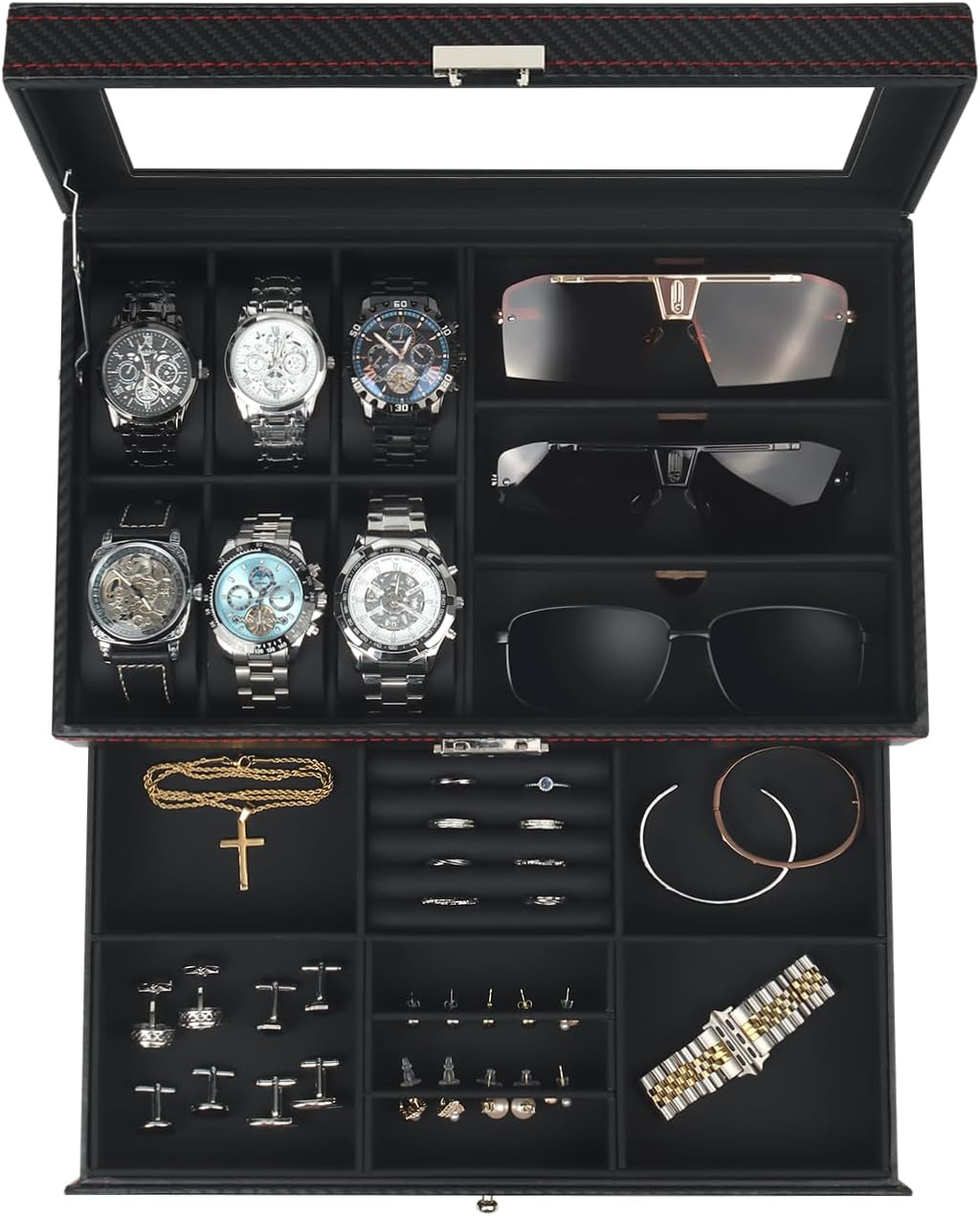 Kukikan Watch Jewelry Box Organizer, 6-Slot 2-Layer Watch Case and Sunglasses Storage with Large Glass Lid, Men's Jewelry Box with Lock, Watch Holder Display Case, Gift for Men Women