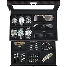 Kukikan Watch Jewelry Box Organizer, 6-Slot 2-Layer Watch Case and Sunglasses Storage with Large Glass Lid, Men's Jewelry Box with Lock, Watch Holder Display Case, Gift for Men Women