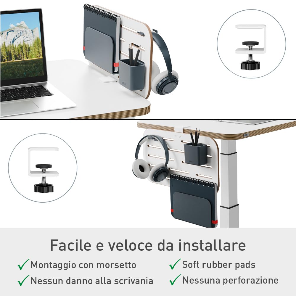 Leitz Ergo Organizer con Pannello Forato per Scrivanie dallo Spessore Massimo di 35 mm, Include Gancio per Cuffie, Portapenne e Porta Blocco per Note, 42 cm x 25 cm, Gamma Ergo, Bianco, 65480000