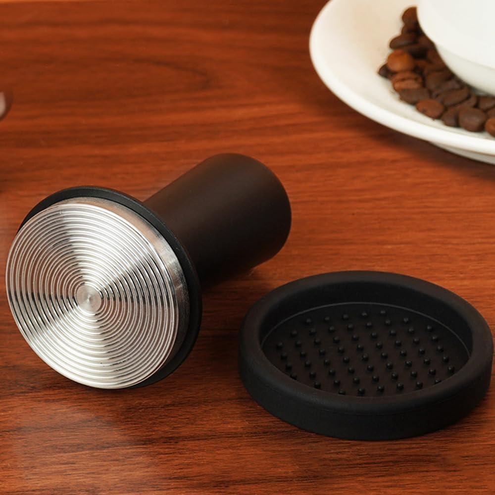 Tamper per Caffè, Pressino per Caffè Espresso a Doppia Molla Senza Regolazione in Acciaio Inossidabile con Tappetino Silicone, Pressa Caffè per Campeggio, Ufficio, Case