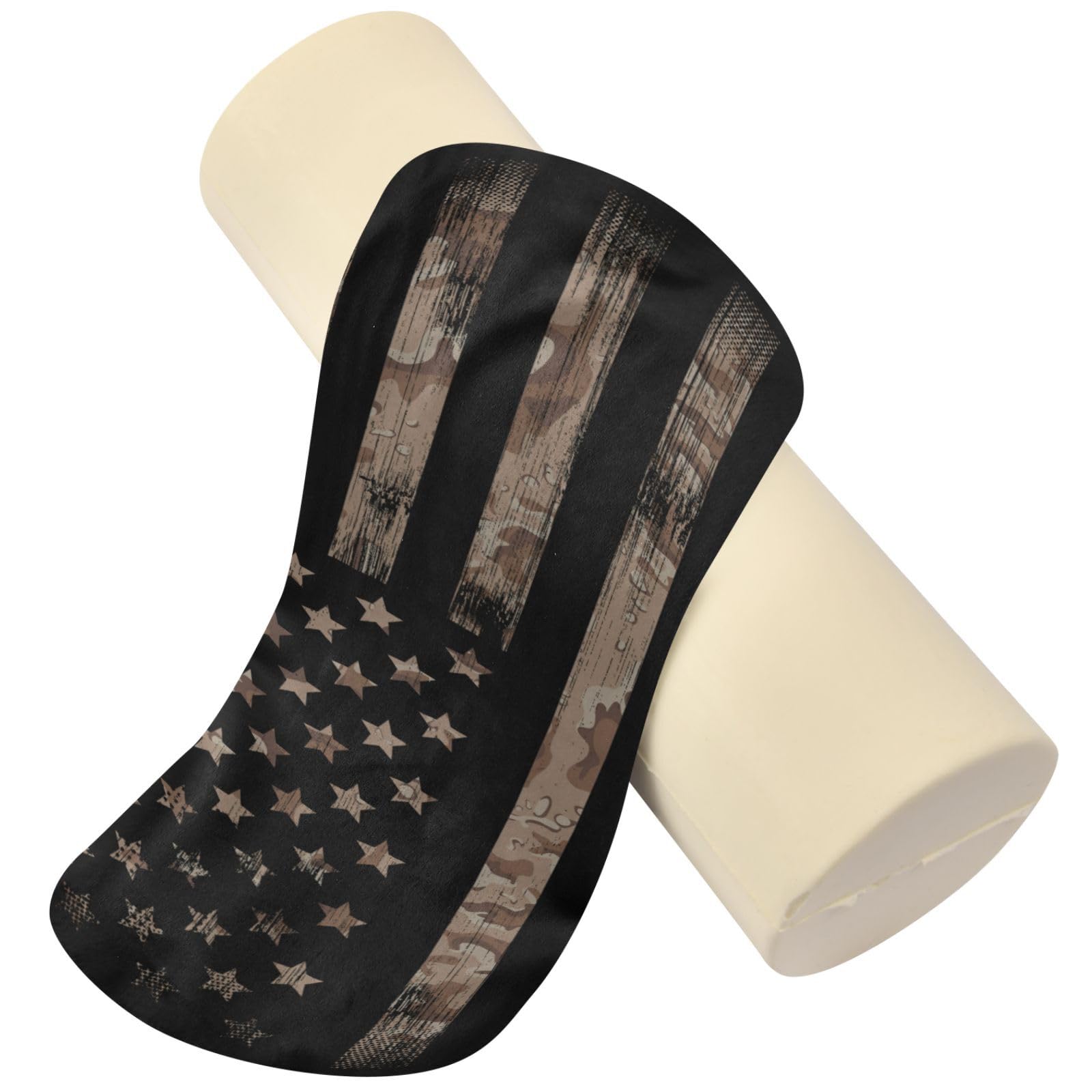 Gredecor American Flag Desert Camouflage Cylinder Round Pillow for Neck Pain Relief, Soft Breathable Bolster Travel Memory Foam Pillow with Washable Cover for Bed Sleeping, Head, Legs and Back