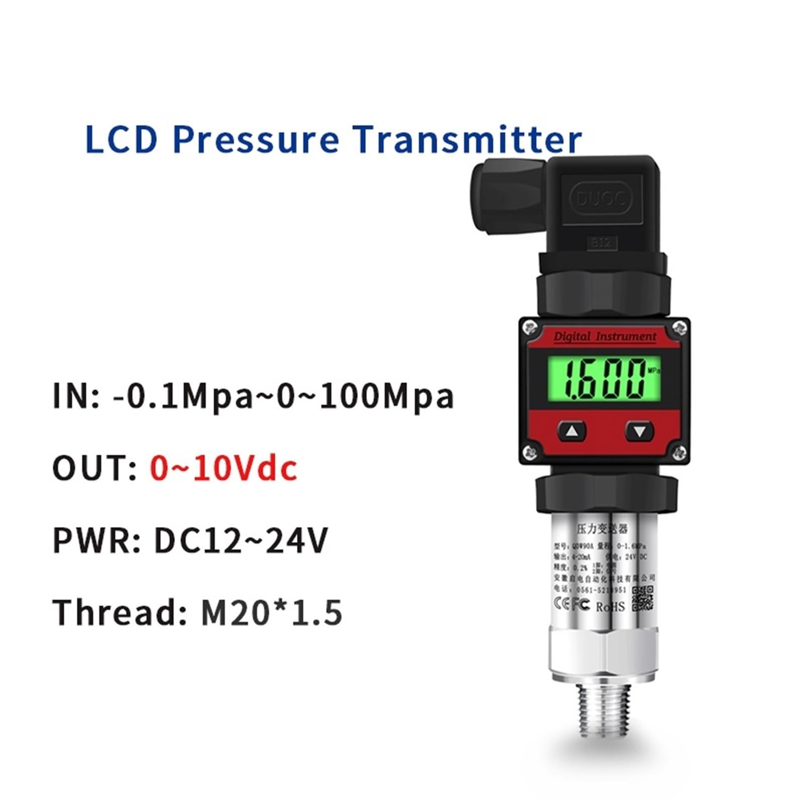 Transmisor de presión Digital 1-5V salida M20 * 1,5 Sensor transductor 0-60Mpa transmisor Uds(0-3Mpa)