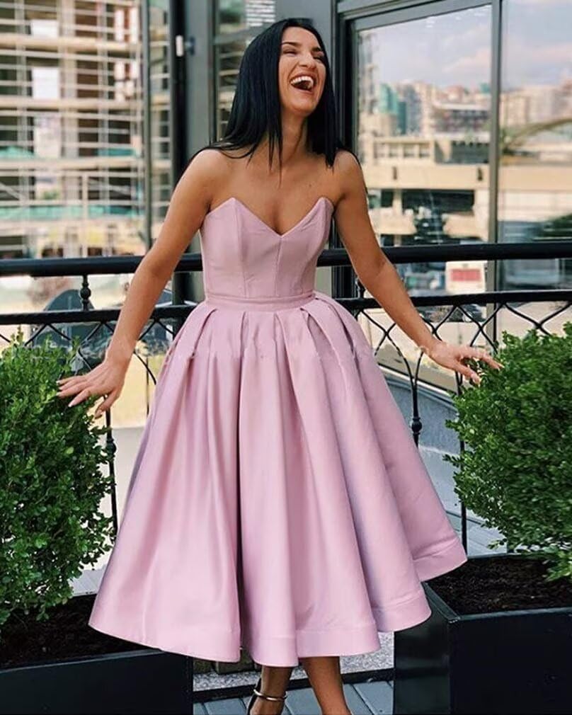 Women’s A Line Strapless Backless Prom Dress, Sleeveless Sweetheart Neck Satin Homecoming Dresses - Image 3