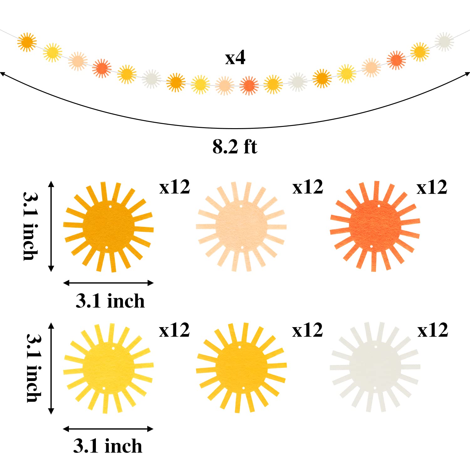 G1ngtar Boho Sun Garland Felt Artificial First Trip Around The Sun String Banner Hippie Boho Muted Sun Party Supplies Aesthetic Indoor Outdoor Party Decoration for Baby Shower Wedding 4Pcs - Image 2