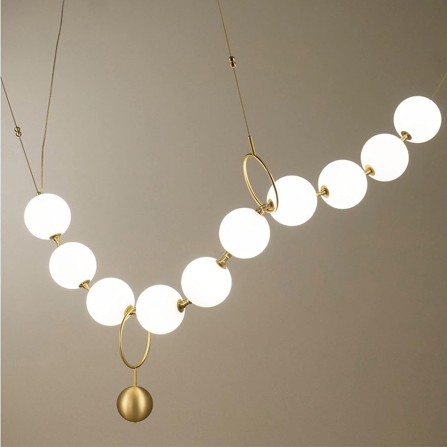 Postmodern Pearl Necklace Glass Ball Chandelier-10 Lights; Milk White Glass Ball Bubble Chandelier Lighting Adjustable LED for Living Room Bedroom Diningroom Bar (Warm White)