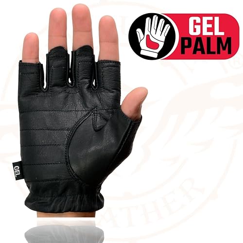Miniatura 2 de Milwaukee Leather SH357 - Guantes de mano para motocicleta sin dedos acolchados de gel de cuero negro con 'piel perforada soldada'
