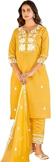 INDO ERA Women Silk Blend Embroidered Straight Kurta Trousers With Dupatta Set Price In India