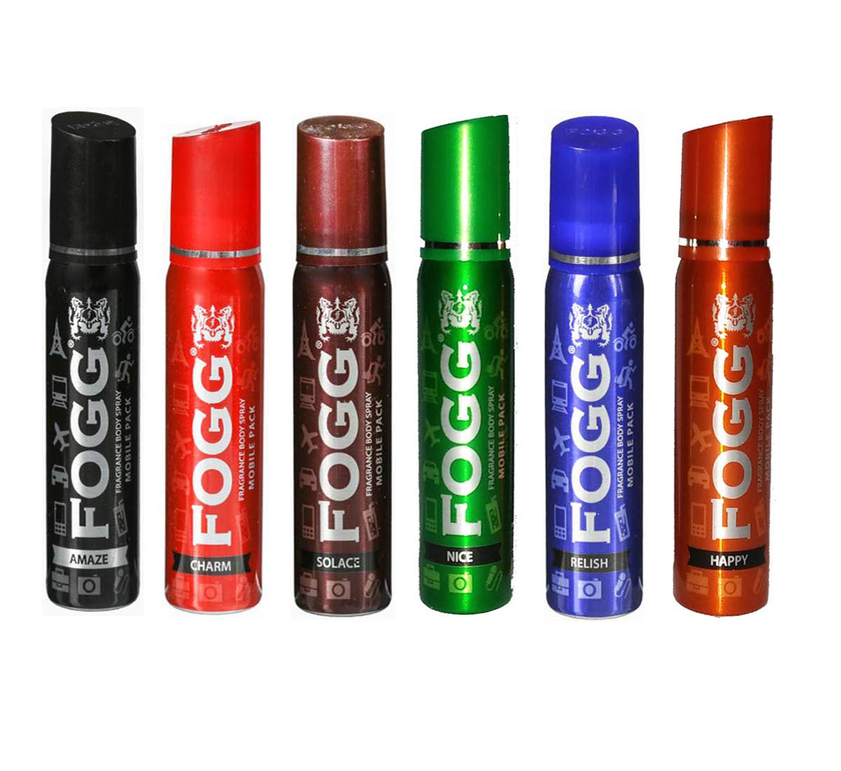 fogg body spray mobile pack pocket deo amaze, charm, happy, solace, nice & relish 25ml x 6 body spray - for men & women
