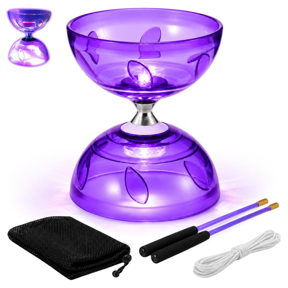 LED Triple Bearing Diabolo Set, SGZIOO Diablo Toy, Juggling Set with 10m Spare String, 2 Professional Sticks, Net Bag, Free Spinning Ball Bearing, Circus Toy for Adult, Beginner, Professional (Purple)