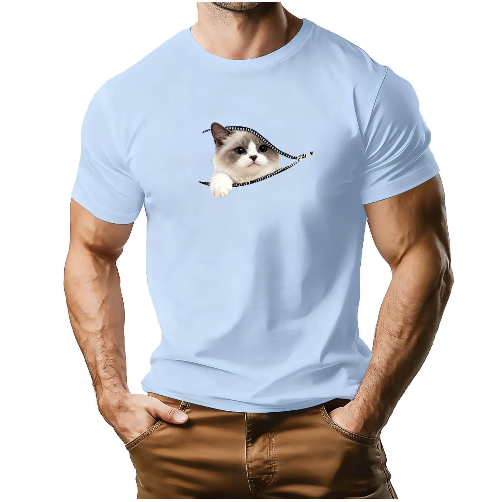 Men's Short Sleeve T-Shirts Cat in Pocket Graphic Tees Shirts Summer Novelty Tshirts Gifts Tops