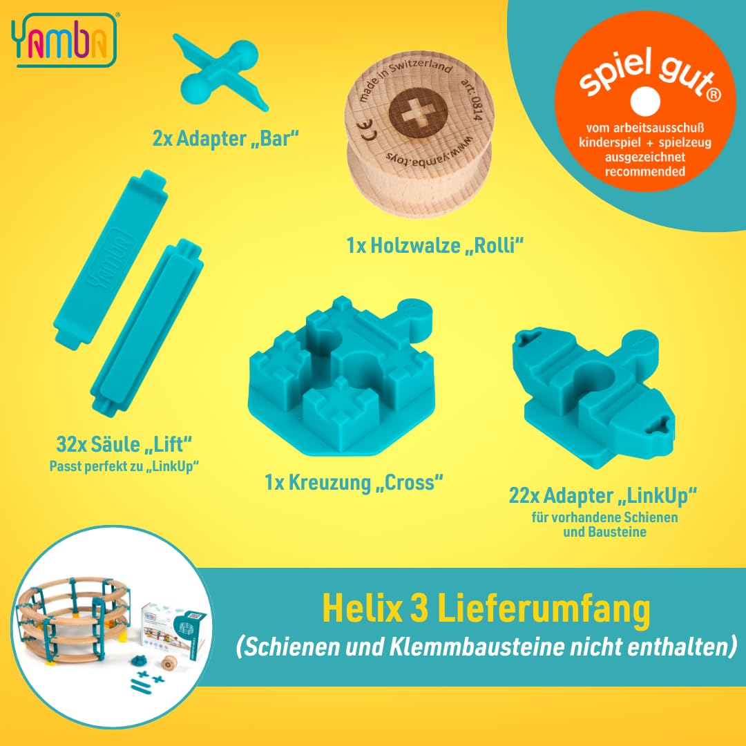 Yamba Zestaw adapterów Helix 3 - adaptery do szyn Brio® i klocków Duplo®. Pasuje do wszystkich popularnych drewnianych kolejek i klocków zaciskowych. W zestawie wałek drewniany, wałek drewniany, Swiss