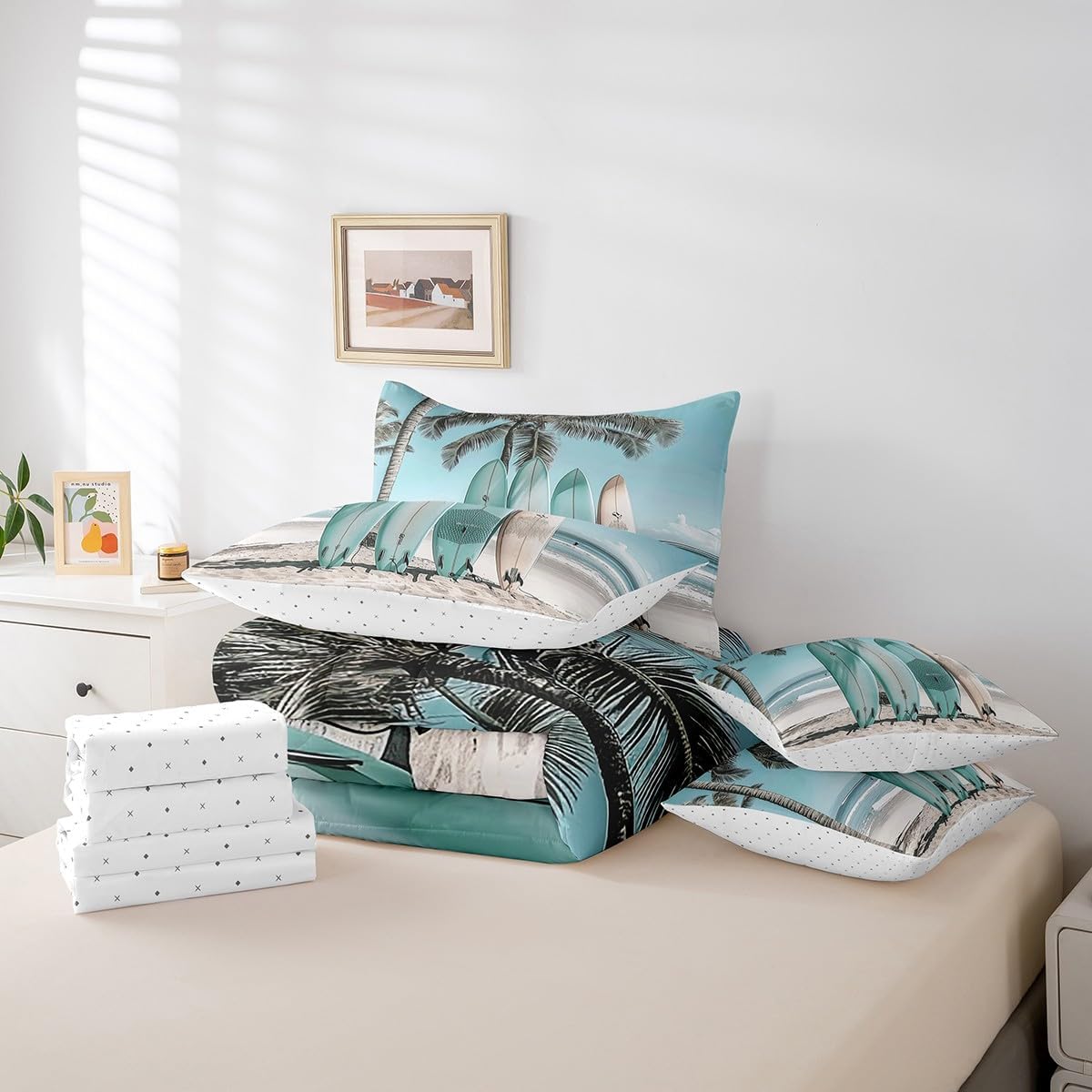 Manfei 7 Pieces Summer Beach Comforter Set Queen Size, Sea Beach Surfboard Bedding Set, Tropical Palm Tree Bed in A Bag with Comforter,Fitted Sheet,Flat Sheet and Pillowcases, Kids Boy Room Decor