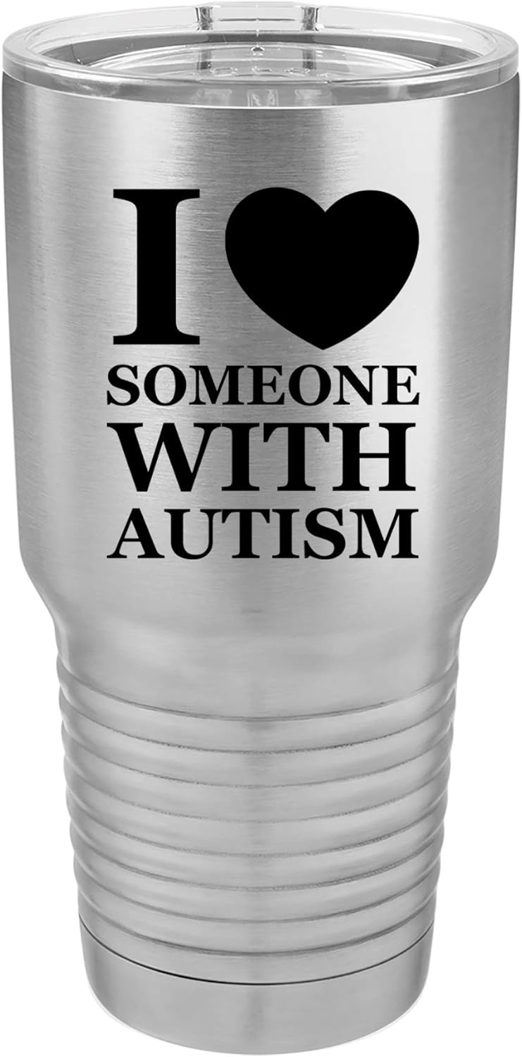 Tumbler Stainless Steel Vacuum Insulated Travel Mug I Love Heart Someone With Autism (Blue, 30 oz)