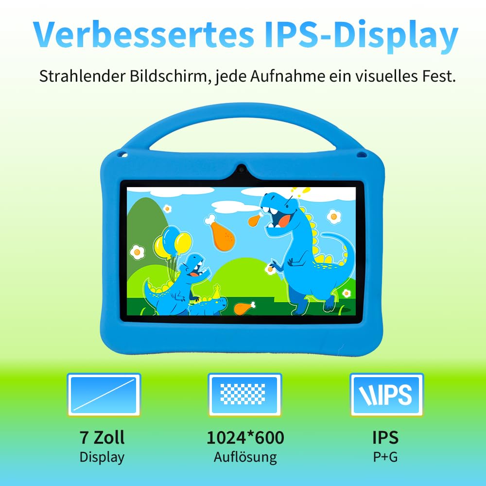 Veidoo 7-Zoll-Android-Tablets für Kinder, 2 GB RAM, 32 GB ROM, aiwawa Apps Elternsteuerung, Lernspiele, WLAN, Dual-Kamera, Silikonhülle (blau)