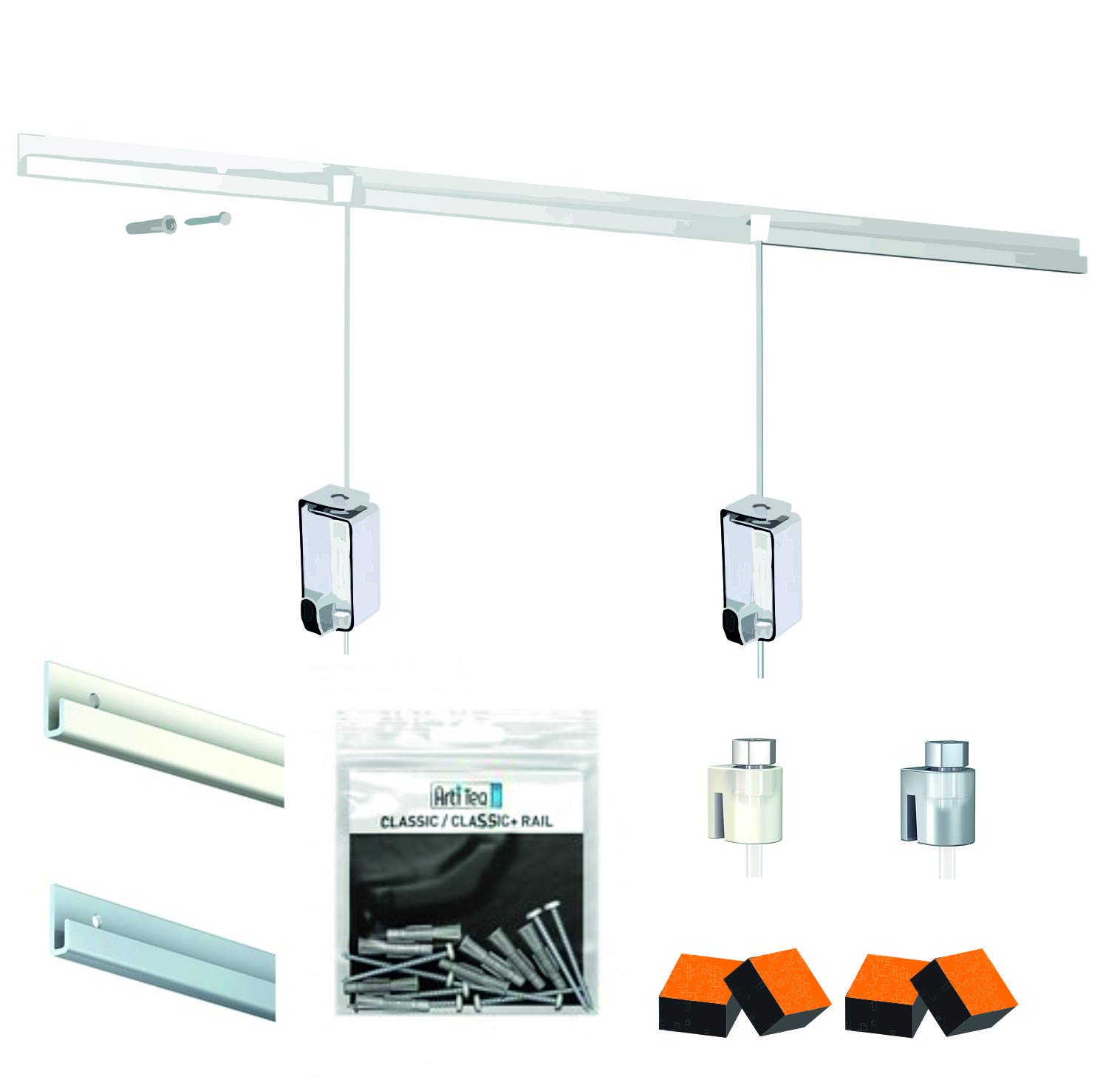Pack/Kit Cimaise Classic Rail Atiteq - Accrochage Tout compris Haut de Gamme - Fils Transparent 150 cm - 40 Kg (6 Mètres, Blanc)