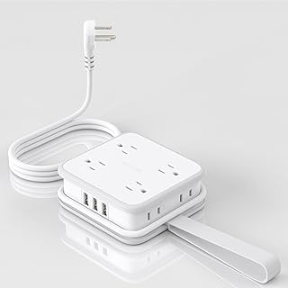 NTONPOWER Flat Plug Power Bar with 5 ft Wrapped Around Extension Cord, 3 Side Outlet Extender with 8 Widely Outlets and 3 USB Ports, Wall Mount, Overload Protection; Idea for Home, Dorm, Travel - UL