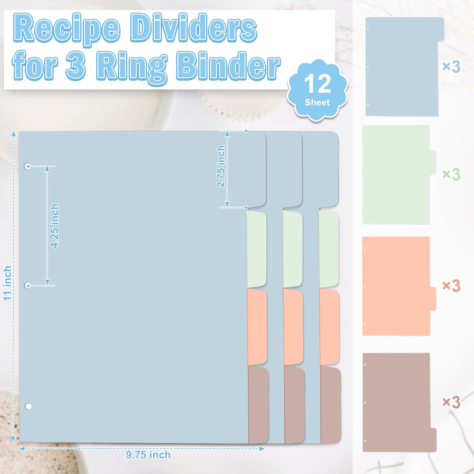 Morandi Rezept-Trennblätter für 3-Ringbücher mit 4 Registerkarten, 24,9 x 27,9 cm, Papier, Rezeptbuch, Trennblätter, blanko, Rezept-Organizer, personalisierbar, für die Küche