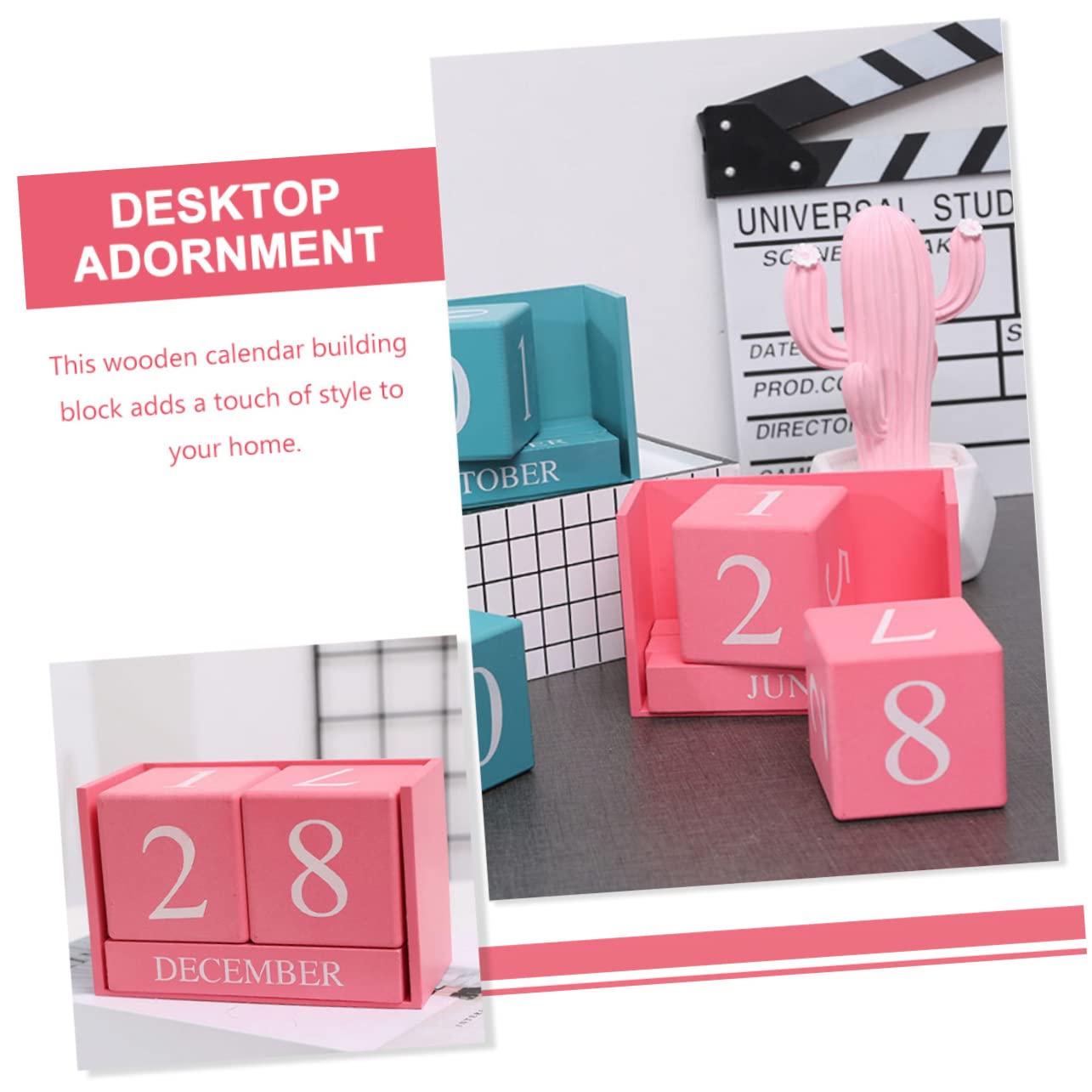 VILLCASE 4 Stück Tischkalender aus Holz Kalender Esstisch lustiger Tisch personalisierter bürodeko Tages aus Holzblöcken Rosa
