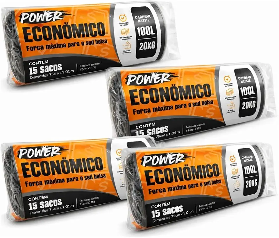 Saco de Lixo 100 Litros Reforçado 4 Rolos 15 Unidades Cada Total 60 Sacos Preto Alta Resistência Até 20kg Ideal para Cozinha Condomínio Escritório Comércio e Limpeza Geral