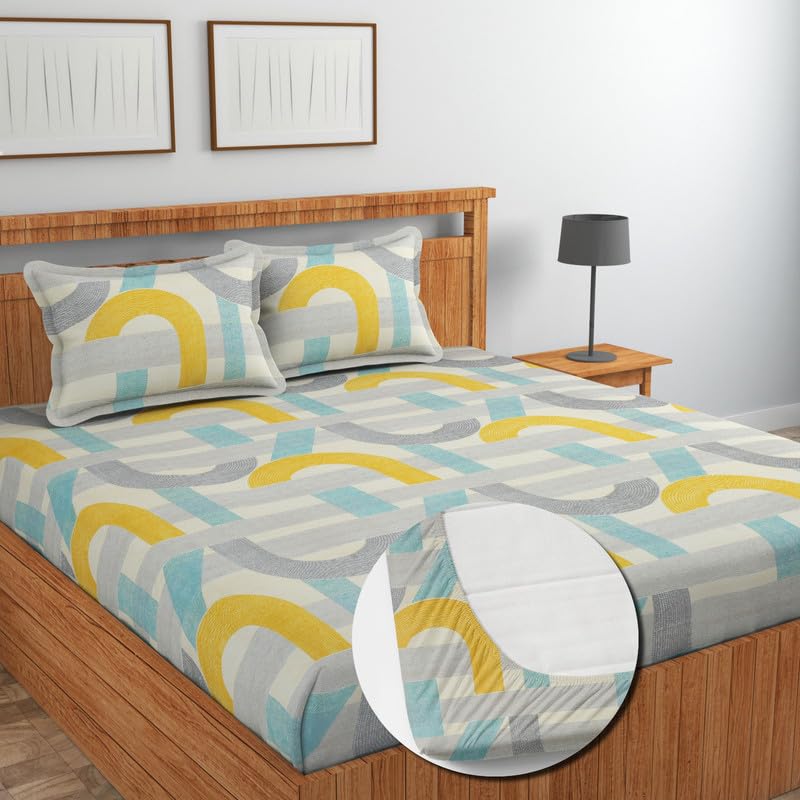 Image of NEW LEAF Cotton Fitted King Size Bedsheets with 2 Pillow Covers | Elastic Fitted | Wrinklefree | Ultrasoft |Winter Bedsheet 220 tc tc Floral | 710x72+10 Inches, Beige Yellow